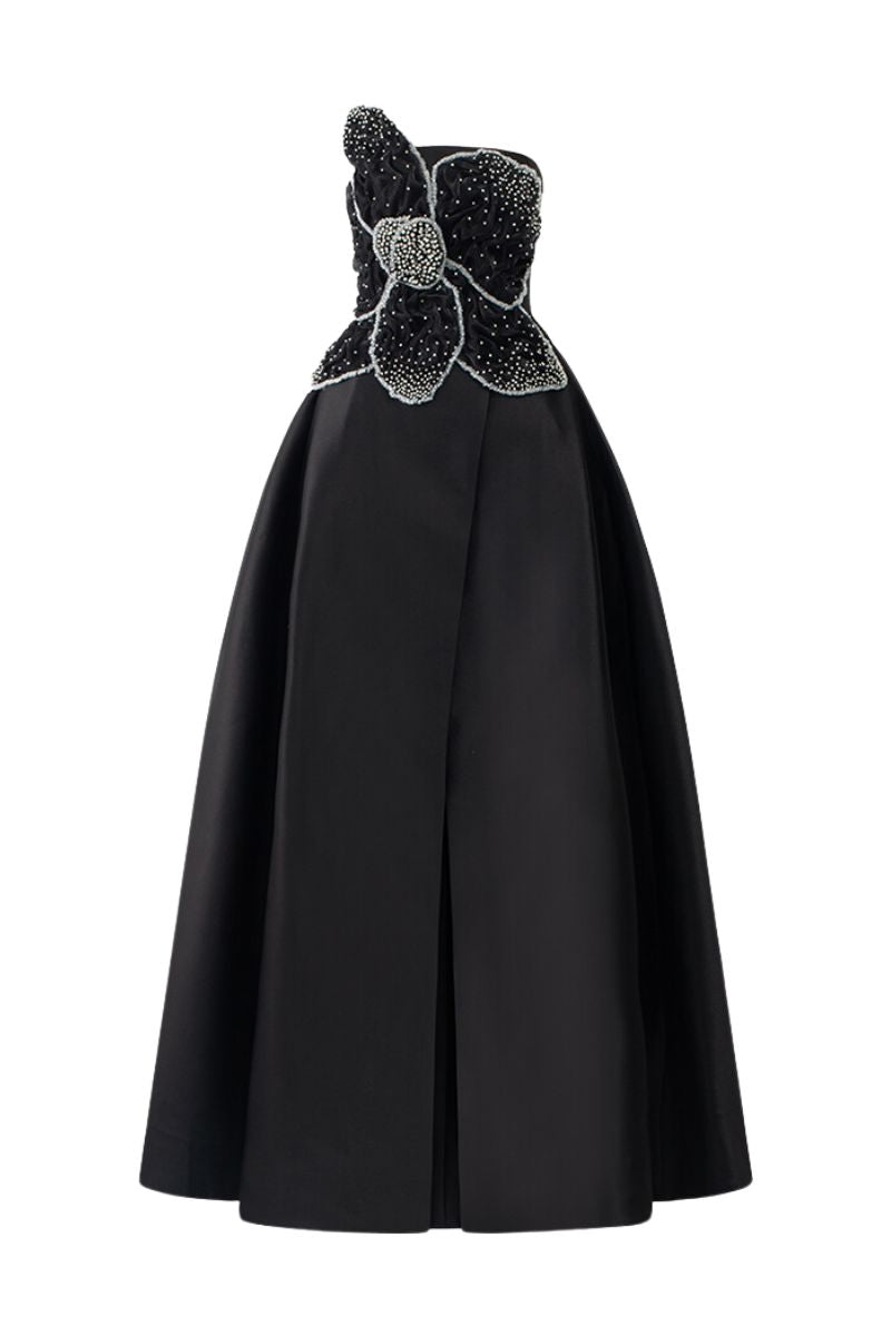 BLACK STRAPLESS ORCHID PATTERNED A-LINE GOWN - CULT MIA