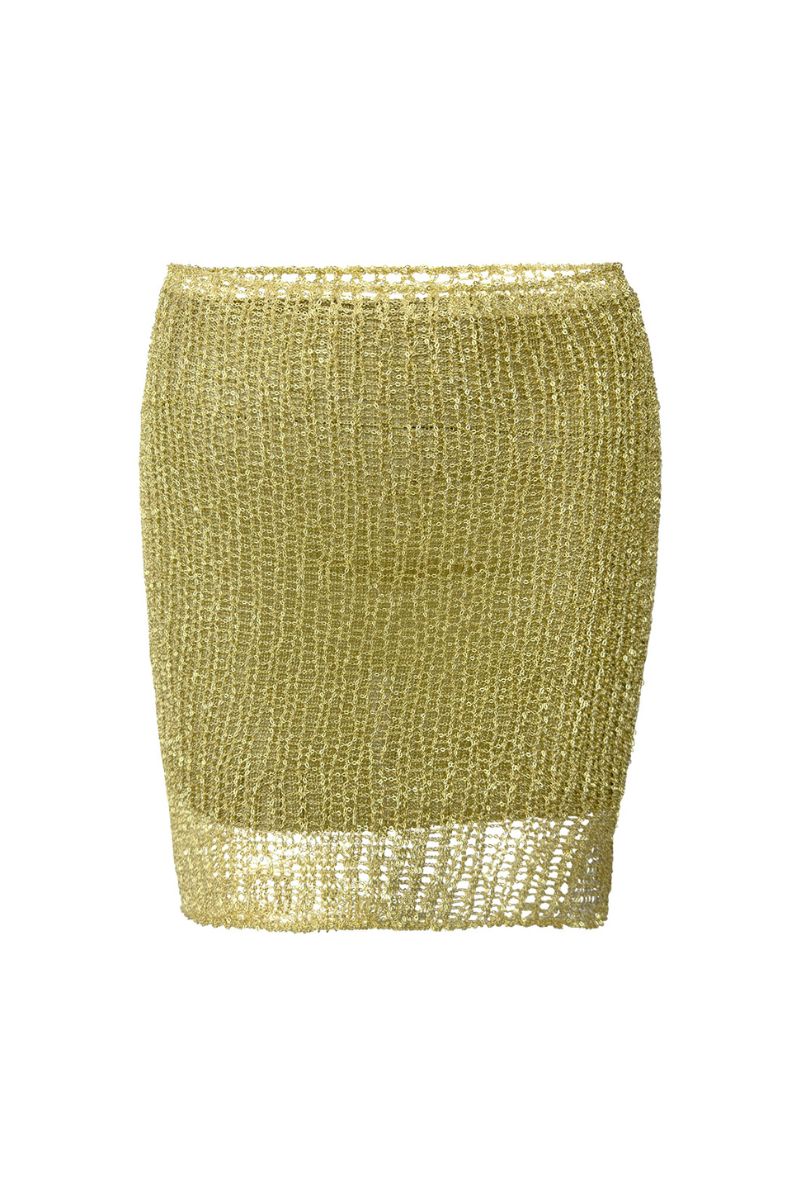 Light gold chain mini skirt with slip from Natalia Fedner, featuring a fitted silhouette and metallic chain details.