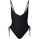 Black Francesca swimsuit by Suncillo, featuring a sleek design and adjustable straps, displayed on a mannequin.