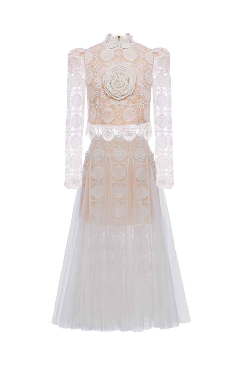 LONG SLEEVE SEMI SHEER LACE DRESS IN WHITE