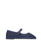 Flabelus Rostova Mary Jane denim flats in dark blue with matching dark blue piping, featuring a classic strap and rounded toe design.