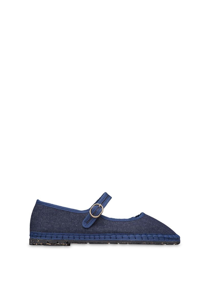 Flabelus Rostova Mary Jane denim flats in dark blue with matching dark blue piping, featuring a classic strap and rounded toe design.