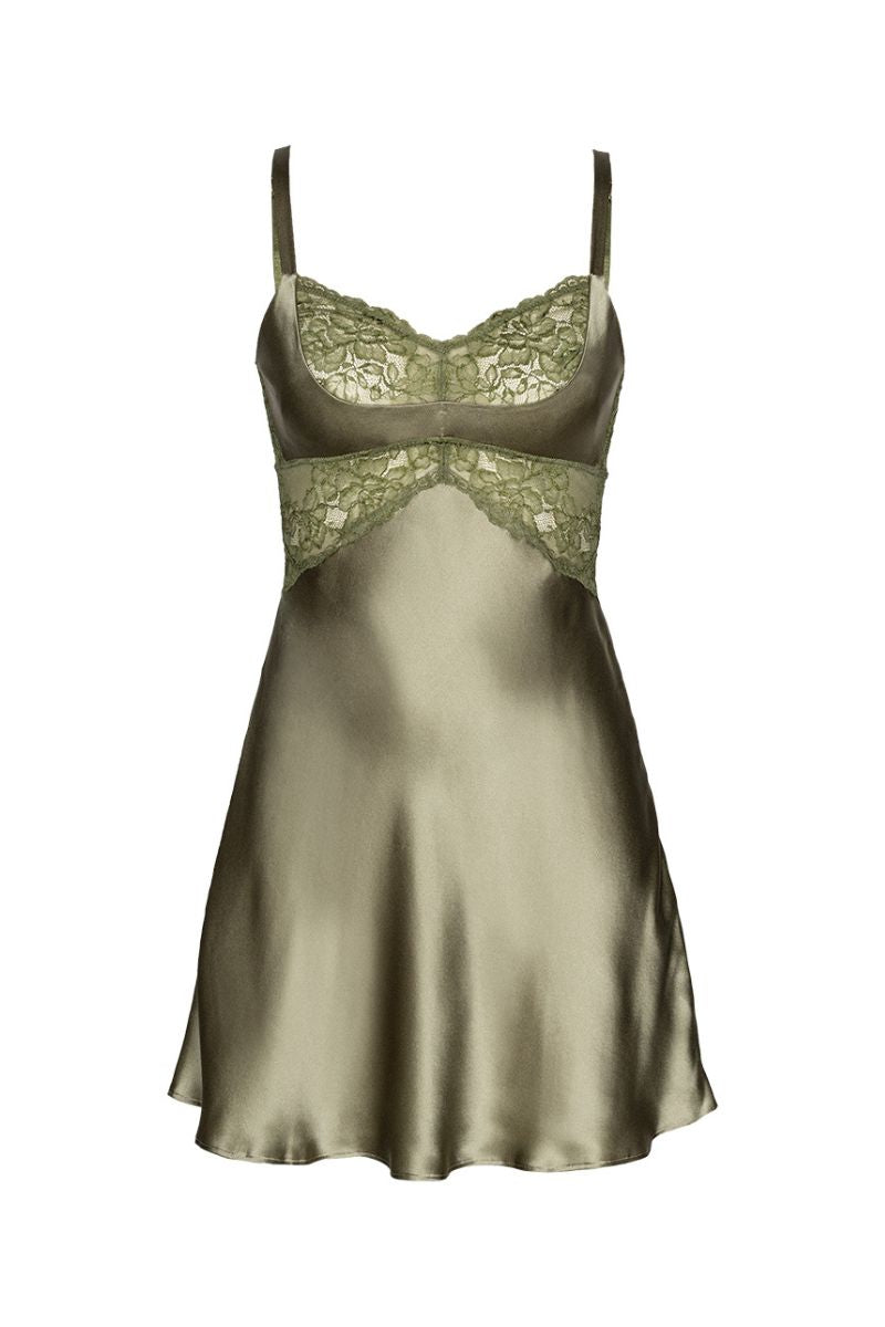 MORGAN CRADLE BUST SILK CHEMISE IN OLIVE GREEN - CULT MIA
