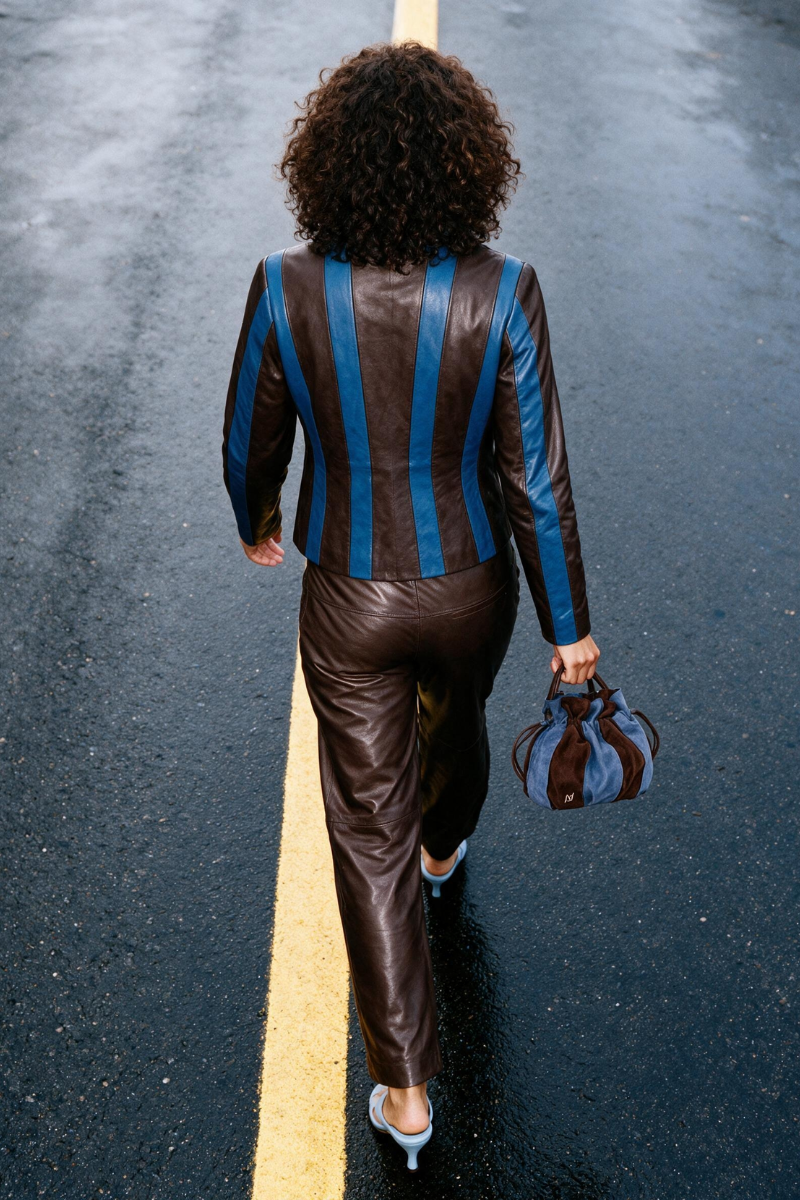 Double A Cult Mia X Harper jacket in blue and brown, featuring stylish design and fabric details.