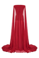 Elegant red chiffon gown by CEM, flowing floor-length dress with delicate fabric and subtle draping for formal occasions.