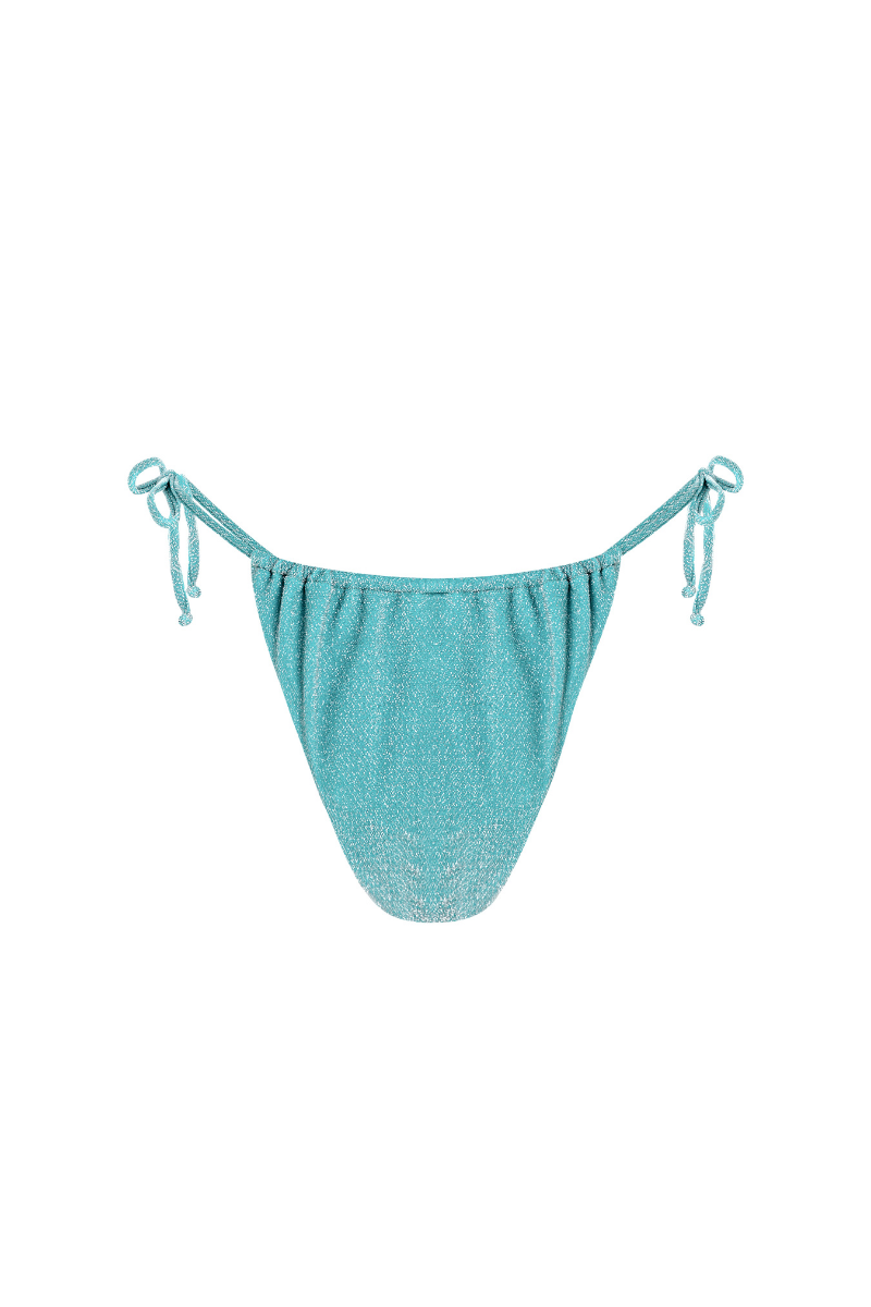 Turquoise Virna sparkly bikini bottom by Suncillo with shimmering fabric, stylish and suitable for beach or poolwear.