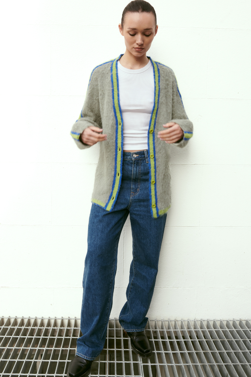 Over-sized multicolored SHY Green Suri cardigan by La Granni featuring a cozy, vibrant knit design and relaxed fit.