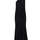 Black Baobab ARI Maxi Dress displayed on a mannequin with flowing fabric and a fitted waist.
