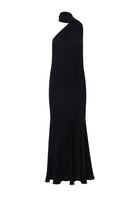 Black Baobab ARI Maxi Dress displayed on a mannequin with flowing fabric and a fitted waist.