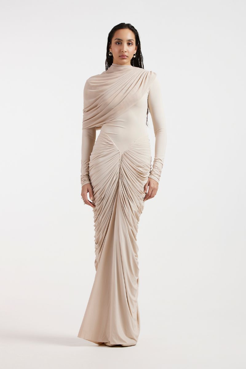 ELORA BEIGE DRAPED GOWN - CULT MIA