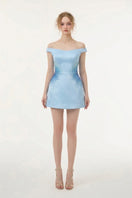 Light blue Yvaine silk taffeta mini dress by 21Six, showcasing a stylish, elegant design with a fitted silhouette.