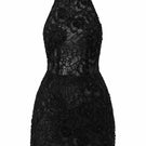 Black Amira lace mini dress by 21Six, featuring intricate lace detailing and a fitted silhouette for elegant style.