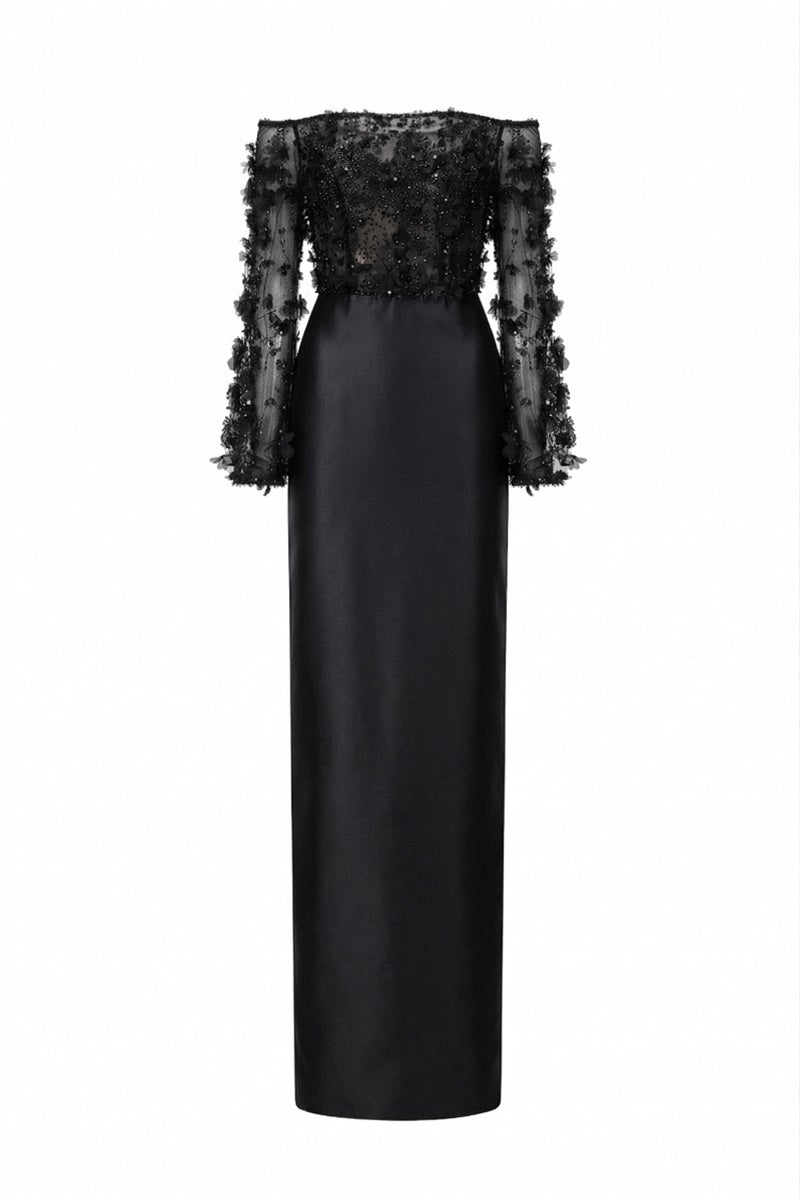 Black Yvette tulle and royal taffeta gown by 21Six, elegant floor-length dress with layered tulle and taffeta fabric.