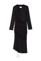 Dāl the Label modal ruched asymmetric midi dress featuring a flowing silhouette and stylish design with draped fabric.