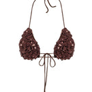 Hand-crocheted sequin espresso flower bra top by Mirel Prentice featuring intricate floral details and a stylish, textured design.