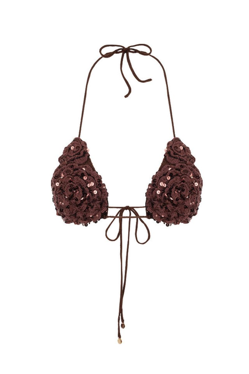 Hand-crocheted sequin espresso flower bra top by Mirel Prentice featuring intricate floral details and a stylish, textured design.