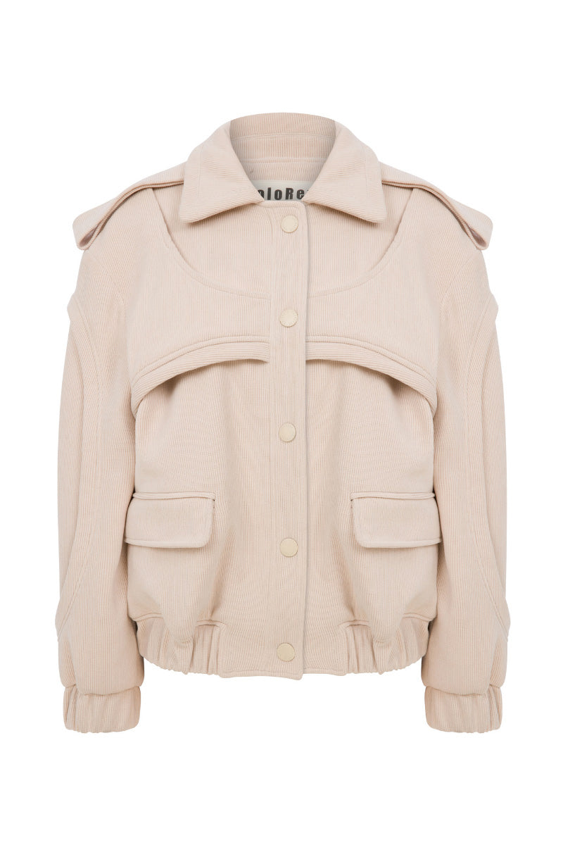 Cream ColoReve soft cave biker jacket pictured, featuring a relaxed fit and stylish design perfect for casual wear