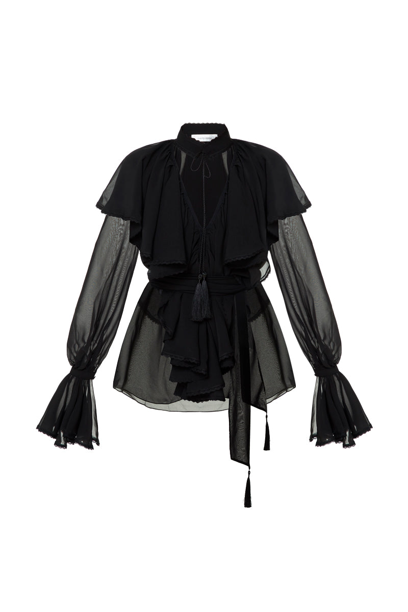 OvertheSea black blouse from the Ocean of Tenderness collection, featuring soft fabric and elegant design, displayed on a hanger.