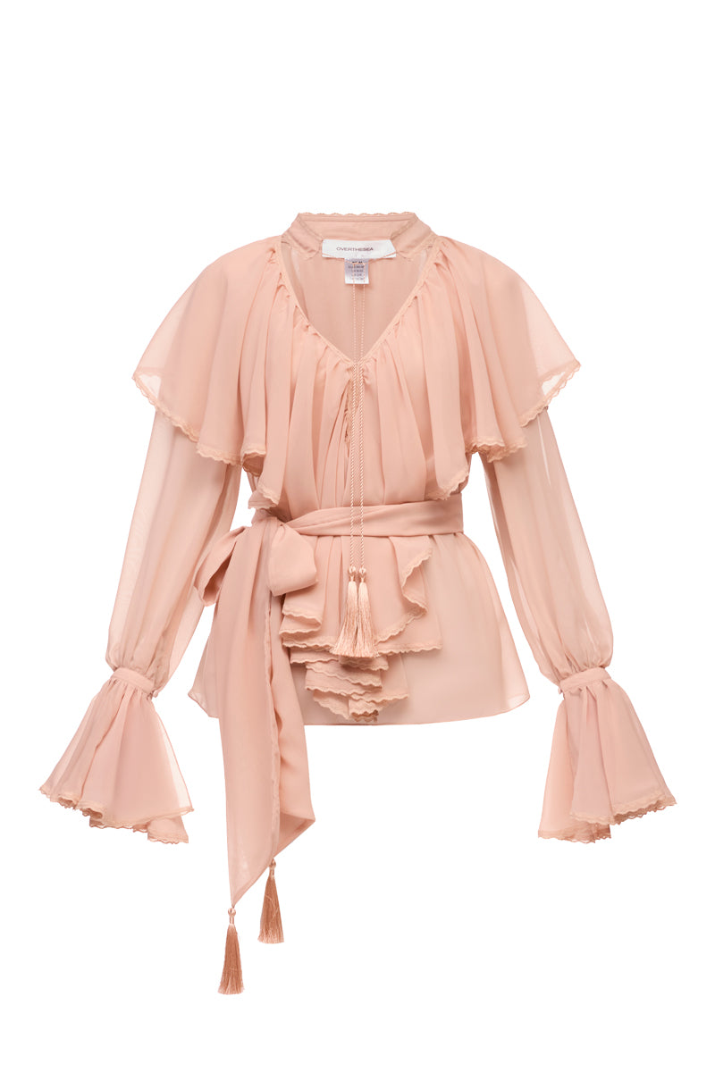 Beige OCEAN OF THE TENDERNESS blouse by OVERTHESEA, stylish top with soft fabric and relaxed fit, shown on a model.