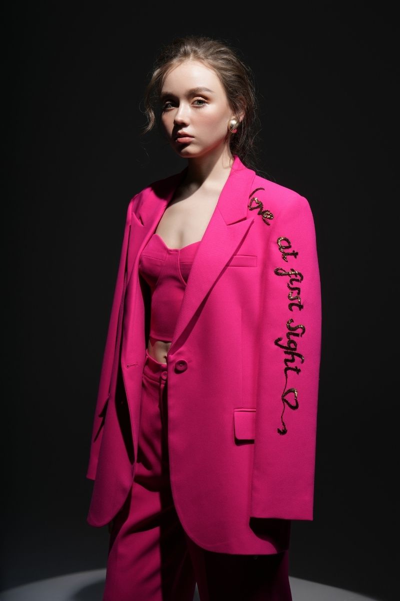 Pink Erica texture attached jacket set from 21Six co-ords, featuring a stylish matching jacket and pants with textured fabric.