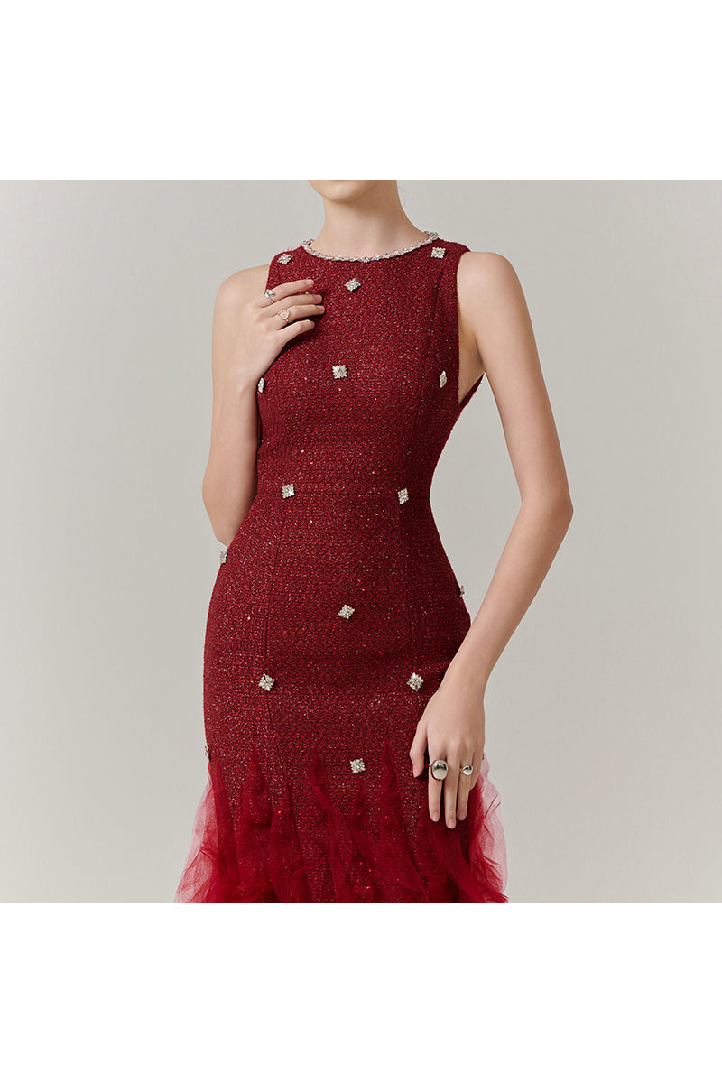 POTTER MERMAID JEWEL NECK ORGANZA MAXI DRESS IN RED - CULT MIA