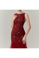 Red Potter Mermaid Jewels Neck Organza Gown by Happy Clothing, featuring a fitted mermaid silhouette and elegant jewel neckline.