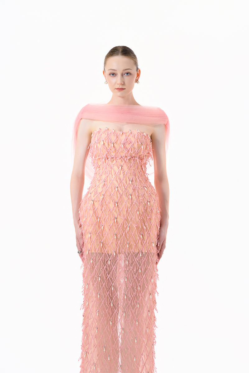 Peach beaded sheer overlay gown by Happy Clothing featuring delicate beadwork and flowing fabric, elegant evening wear.