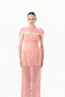 Peach beaded sheer overlay gown by Happy Clothing featuring delicate beadwork and flowing fabric, elegant evening wear.