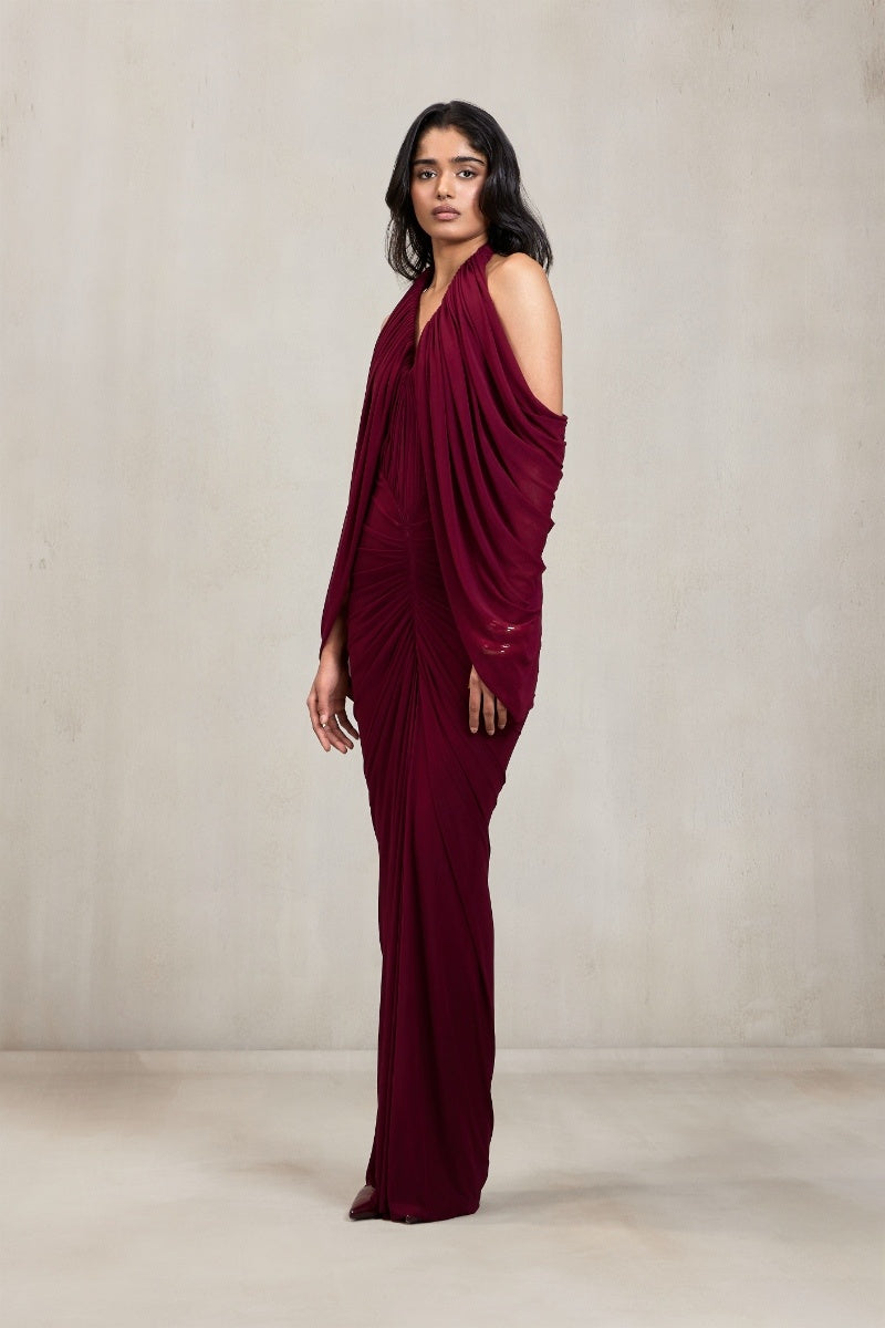 Deme by Gabriella Kimberly aubergine maxi gown with flowing fabric and elegant design, perfect for formal occasions.