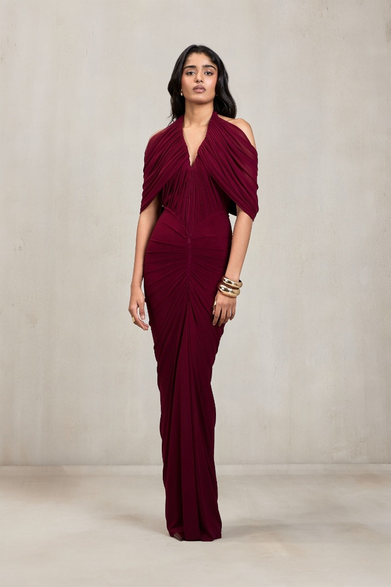 Deme By Gabriella Kimberly aubergine maxi gown with flowing fabric and elegant design, perfect for formal occasions.