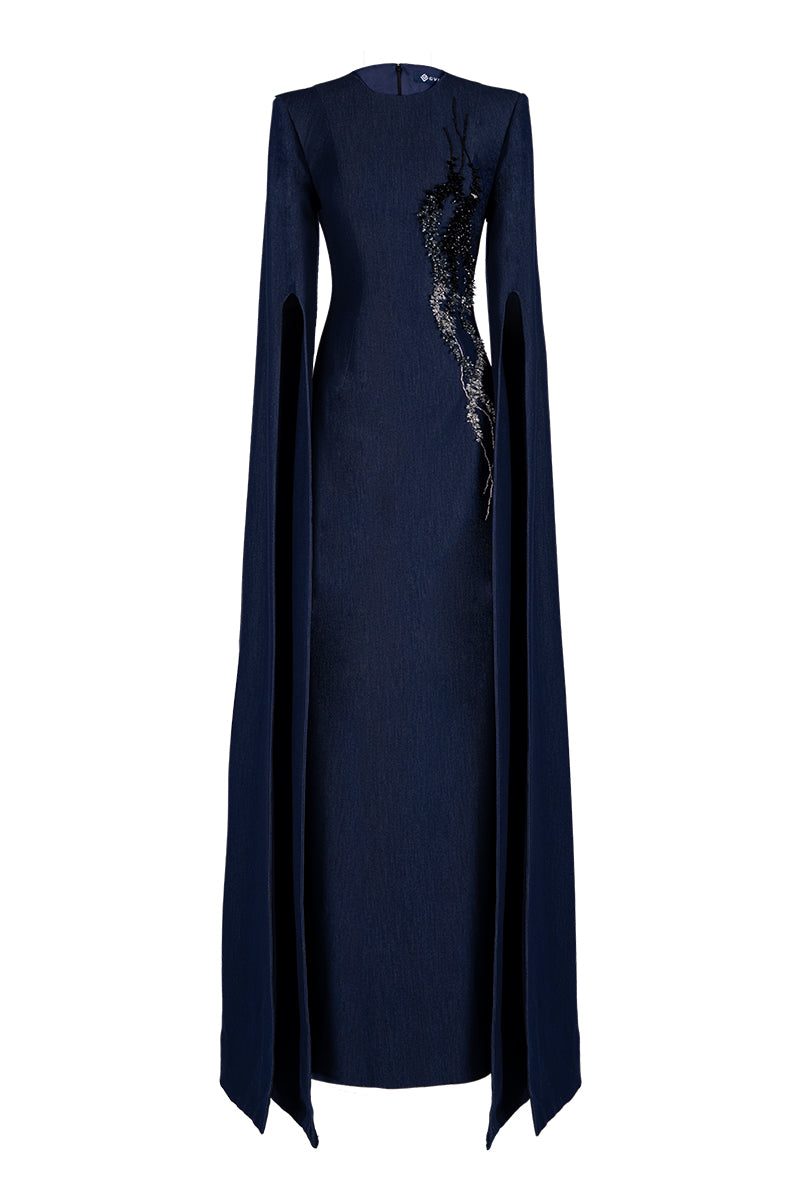Dark blue GVLUX A-line maxi dress with flared sleeves, flowing and elegant, perfect for formal or casual occasions.