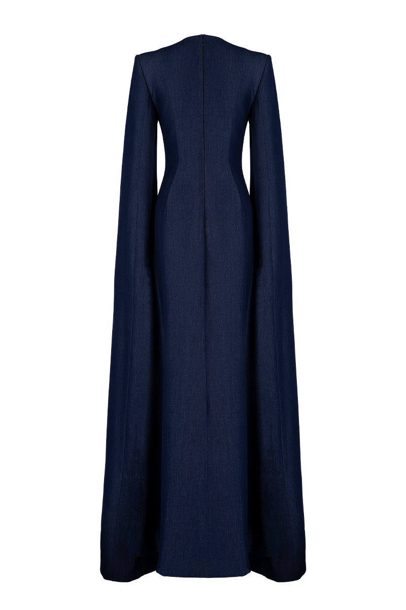 Dark blue GVLUX A-line maxi dress with flared sleeves, elegant and flowing for stylish evening wear.