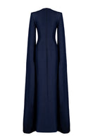 Dark blue A-line gown with flared sleeves by GVLUX, elegant evening dress with flowing silhouette and stylish design.