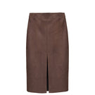Brown suede midi skirt with front slit from Kris Marán, displayed on a hanger showing its soft texture and stylish design.