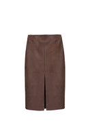 Brown suede midi skirt with front slit from Kris Marán, displayed on a hanger showing its soft texture and stylish design.