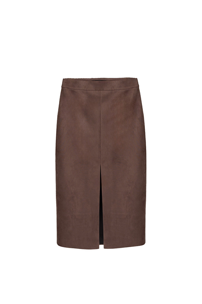 Brown suede midi skirt with front slit from Kris Marán, displayed on a hanger showing its soft texture and stylish design.