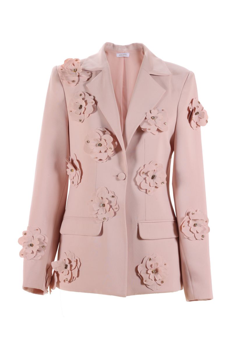 Aquarel Studio Flora blazer in vibrant floral print, tailored fit, with lapel collar and long sleeves on a neutral background.