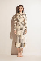 Valenciani long sleeve ivory midi dress with a fitted bodice and flowing skirt, perfect for elegant occasions.