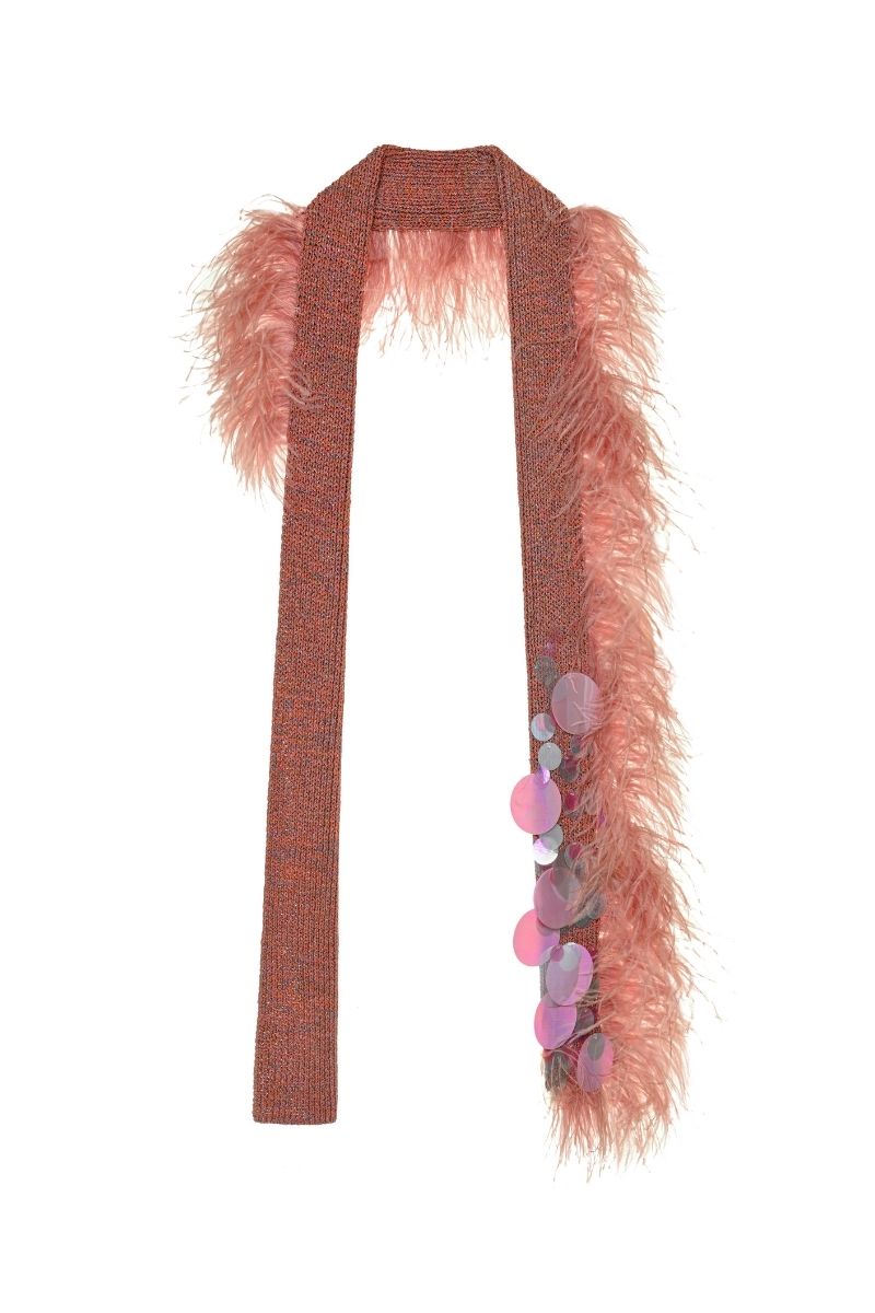 Pink hand-knitted embellished scarf from Lalo, featuring intricate embroidery and soft, cozy knit fabric.