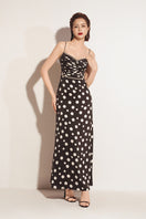 Black Valenciani sweetheart neck spaghetti strap maxi dress with a fitted bodice and flowing skirt, perfect for elegant occasions.