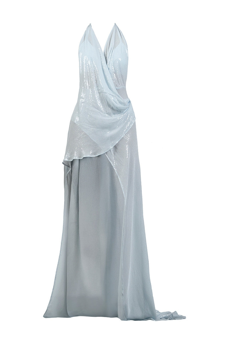 Deme By Gabriella RINA mini dress in stylish fabric, shown on a hanger with a close-up of the textured material.