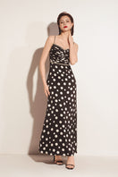 Black Valenciani sweetheart neck spaghetti strap maxi dress with a fitted bodice and flowing skirt, ideal for elegant occasions.