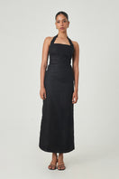Black Jilliane maxi dress by Summer Away, featuring a flowing silhouette and elegant design, displayed on a hanger.
