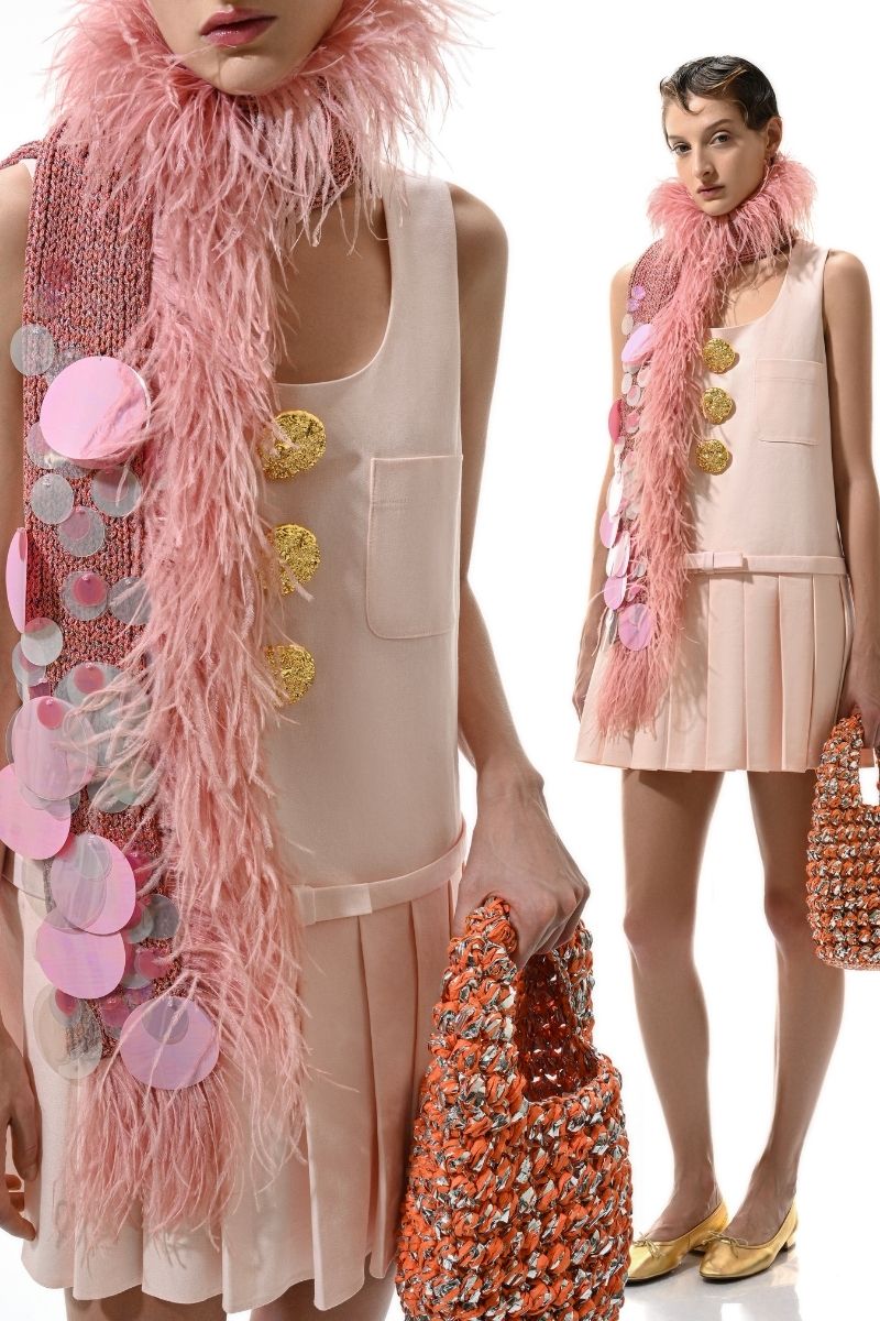 Hand-knitted pink embellished scarf from Lalo, featuring intricate details and soft yarn for a cozy, stylish accessory.