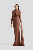 Deme By Gabriella Ivanna Maxi Dress in Mocha Pink, flowing maxi dress with soft fabric and elegant design, shown on a model.