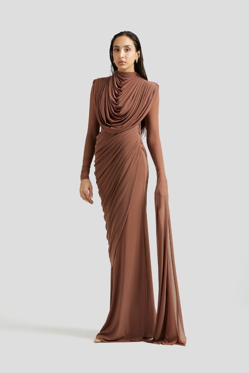 Deme By Gabriella Ivanna Maxi Dress in Mocha Pink, flowing maxi dress with soft fabric and elegant design, shown on a model.