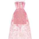 Pink beaded lace midi dress by Montsand featuring intricate lace details and a flowing midi length.