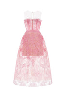 Pink beaded lace midi dress by Montsand featuring intricate lace details and a flowing midi length.