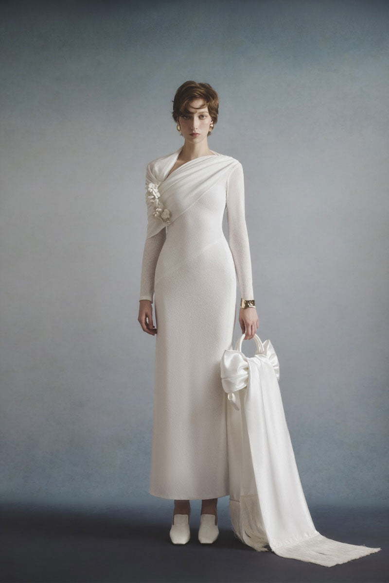 White Plan Celeste draped maxi dress with flowing fabric and elegant design, perfect for stylish summer or evening wear.