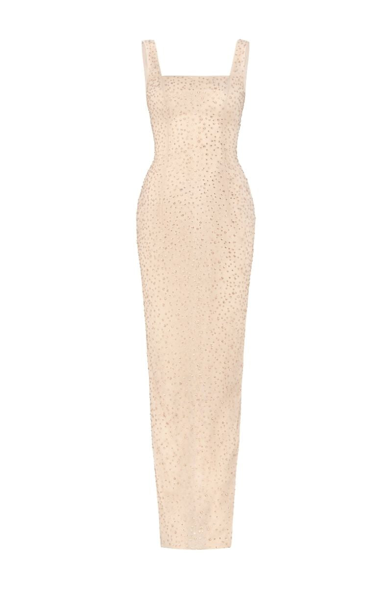 NUDY SQUARE NECK CRYSTAL BEADED MAXI DRESS - CULT MIA